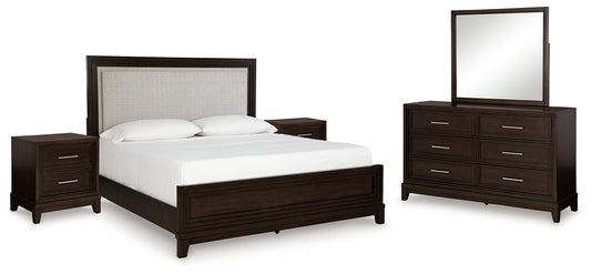 Neymorton Queen Upholstered Panel Bed with Mirrored Dresser and 2 Nightstands