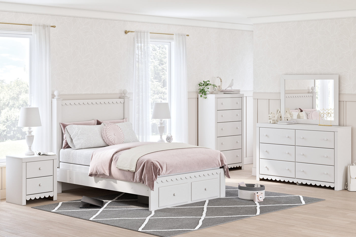 Mollviney Full Panel Storage Bed with Mirrored Dresser, Chest and 2 Nightstands