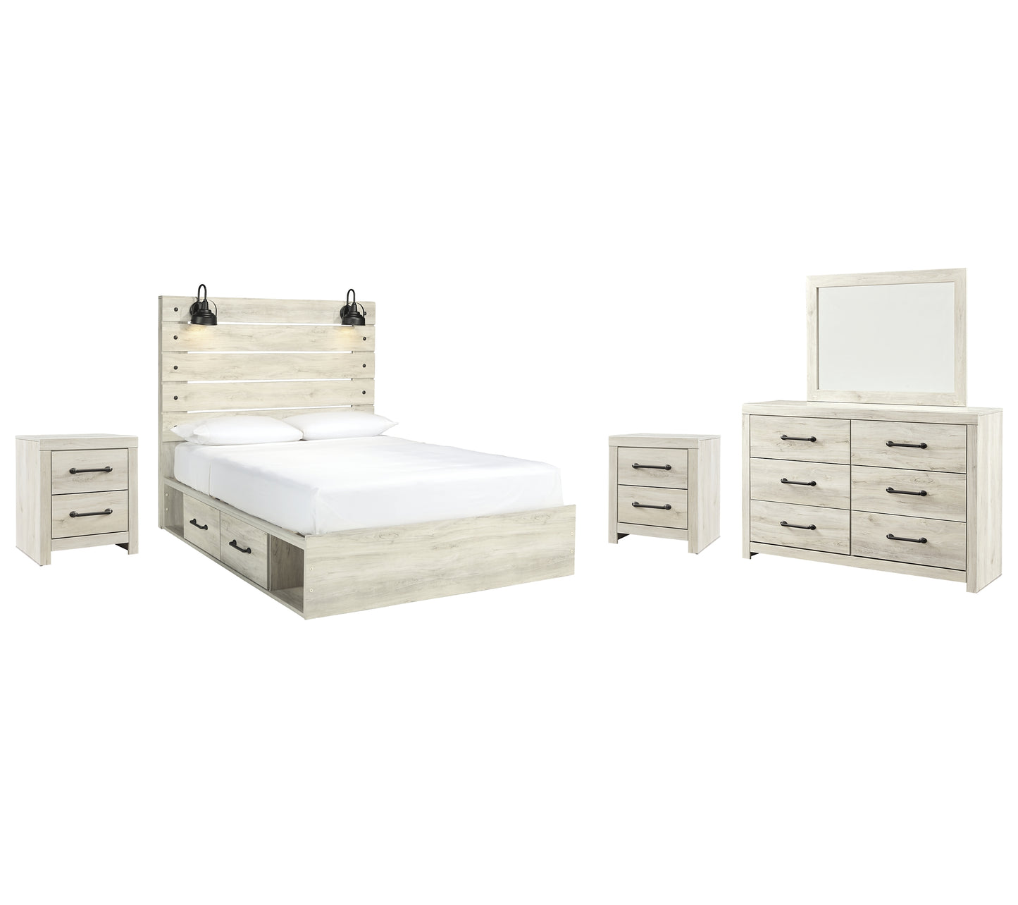 Cambeck Queen Panel Bed with 4 Storage Drawers with Mirrored Dresser and 2 Nightstands