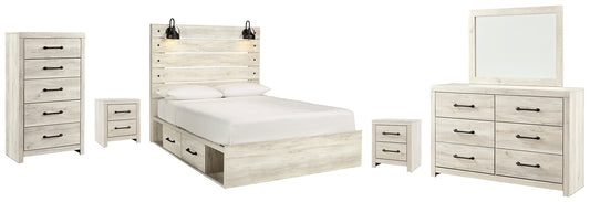 Cambeck Queen Panel Bed with 4 Storage Drawers with Mirrored Dresser, Chest and 2 Nightstands