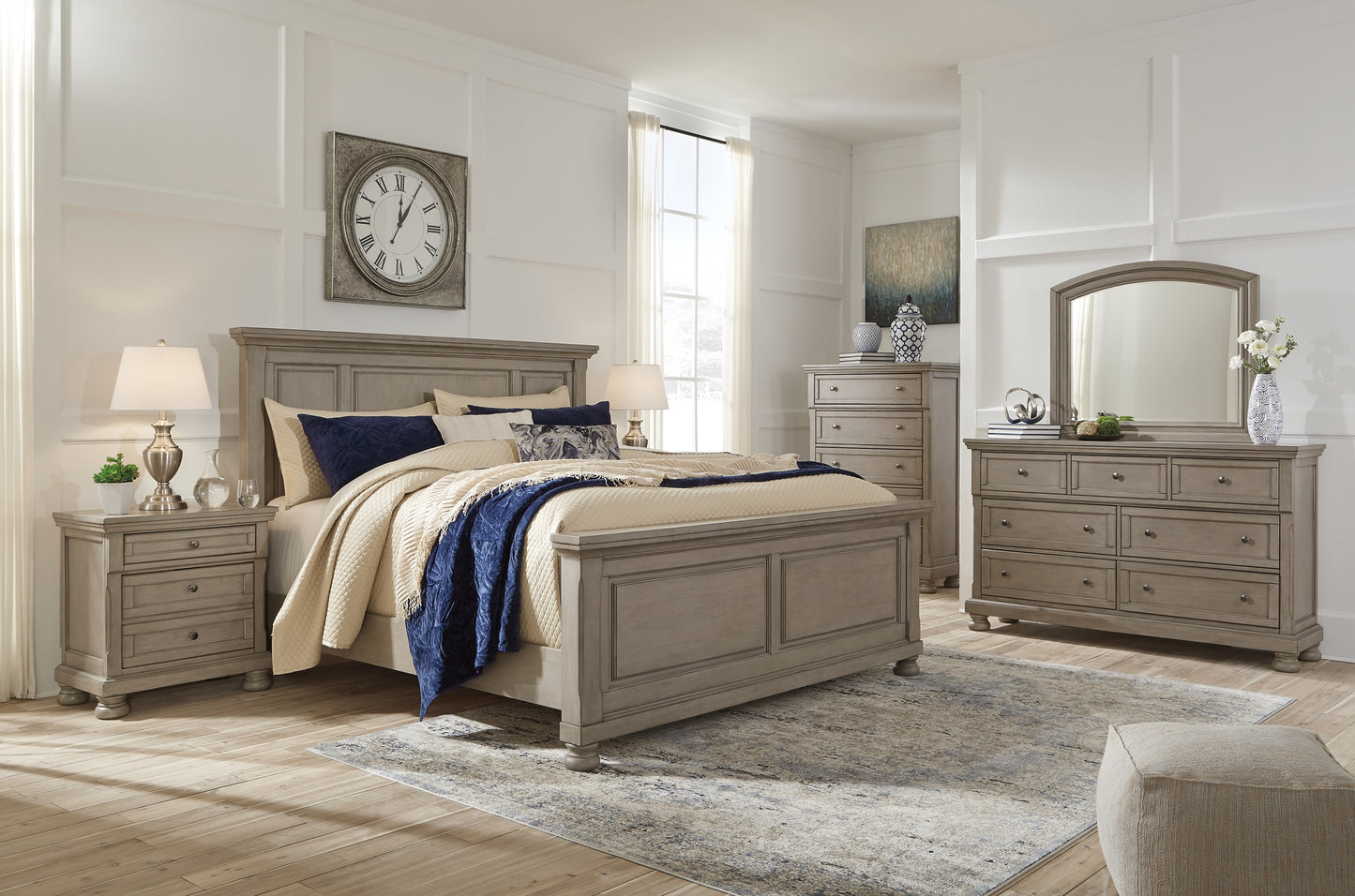 Lettner King Panel Bed with Mirrored Dresser, Chest and Nightstand